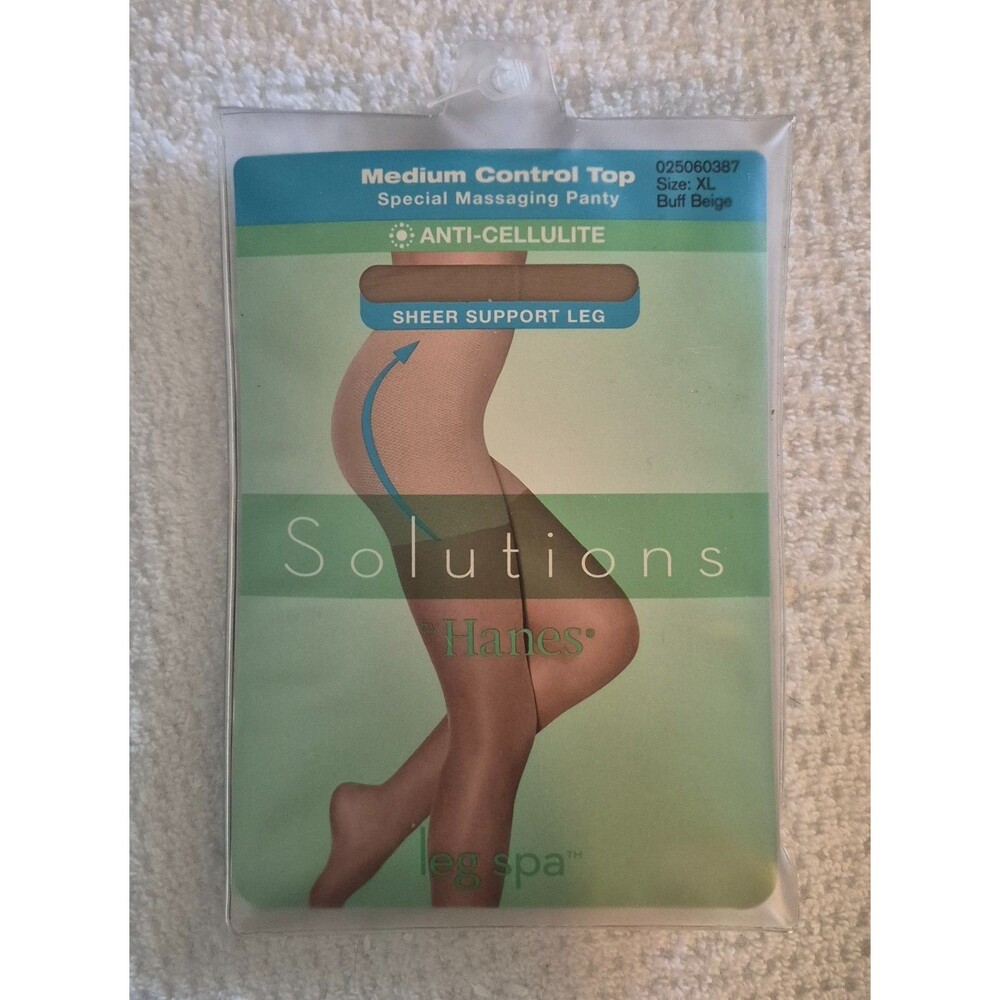 Hanes Solutions Leg Spa Pantyhose Size XL Buff Beige Control Top Sheer Massaging